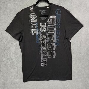 Guess Mens Black T-Shirt Size Large Vintage V-Neck Y2K Black Silver‎